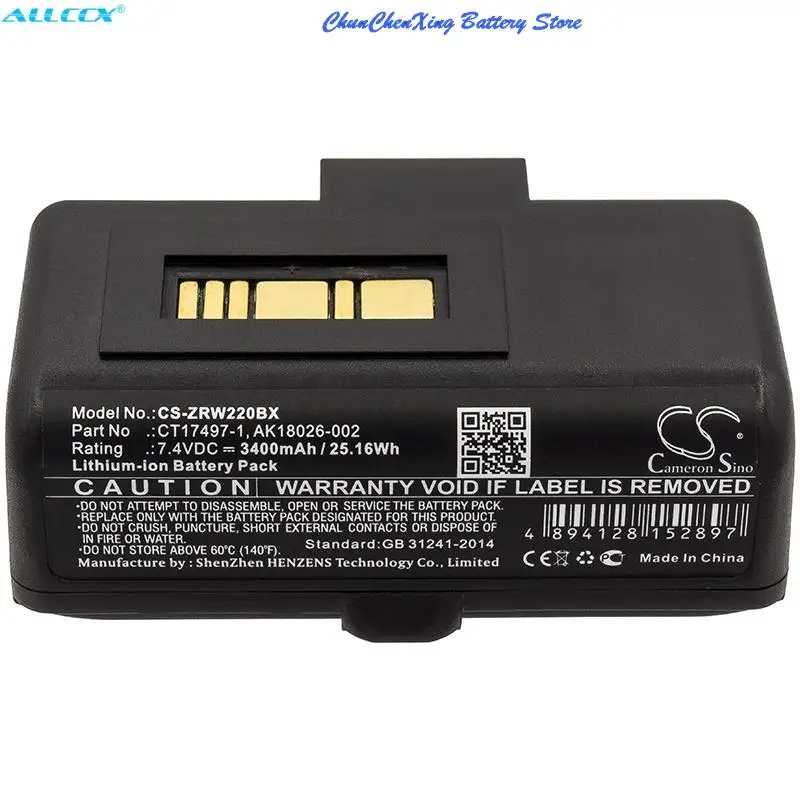 Cameron Sino 2600mAh/3400mAh Battery AK18026-002,CT17497-1 for Zebra RW220, RW320