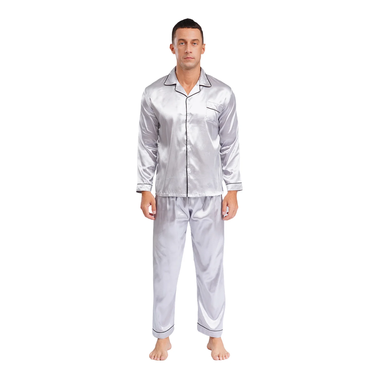 

Noble Satin Sleepwear Nightwear Men Two Pieces Long Sleeves Tops And Pants Set Pajamas Nightwear Casual Comfortable Home Wear