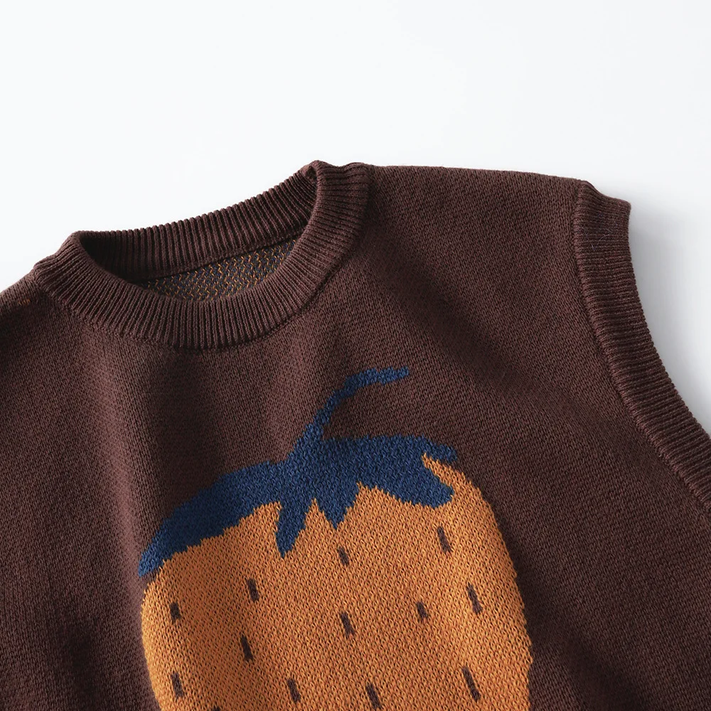 Toddler Knitted Vest for Kids Autumn New Coffee Brown Sleeveless Sweater Vest with Cartoon Strawberry Pattern