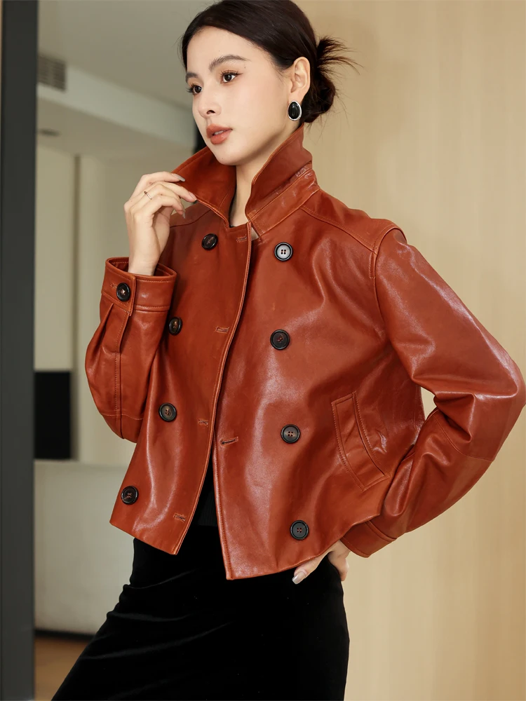 

Vintage Cropped Genuine Leather Jackets for Women Spring Autumn 2026 New High-end Simple Double Breasted Real Sheepskin Coat