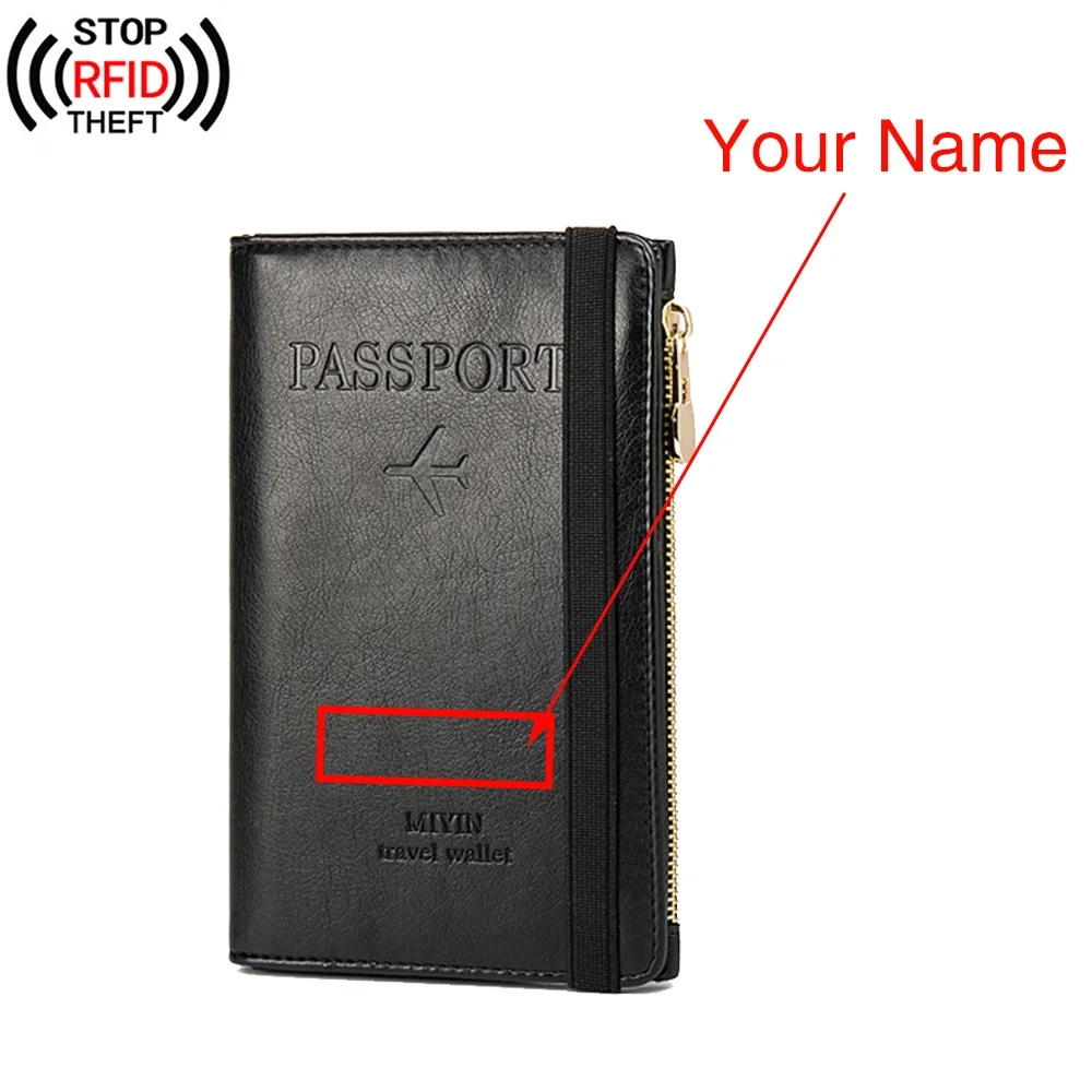 Portafoglio vintage da uomo d'affari con testo personalizzato, nome inciso, coperture per passaporto da viaggio Rfid, custodia multifunzione per porta carte di credito