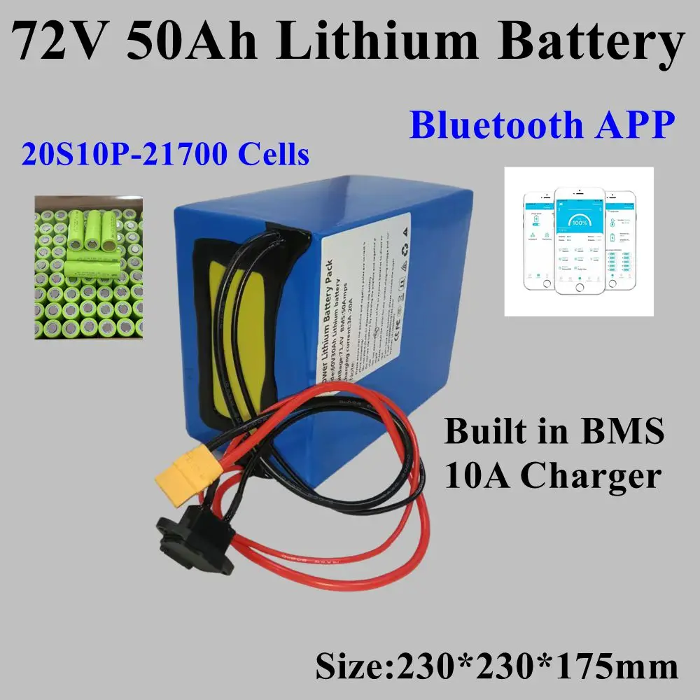 

20S10P 21700 Cells Lithium-ion 72V 50Ah avec Bluetooth pour Vélo, Scooter, Moto, Camion-grue, Chargeur 84V10A, 5000W, 7000W 10kW