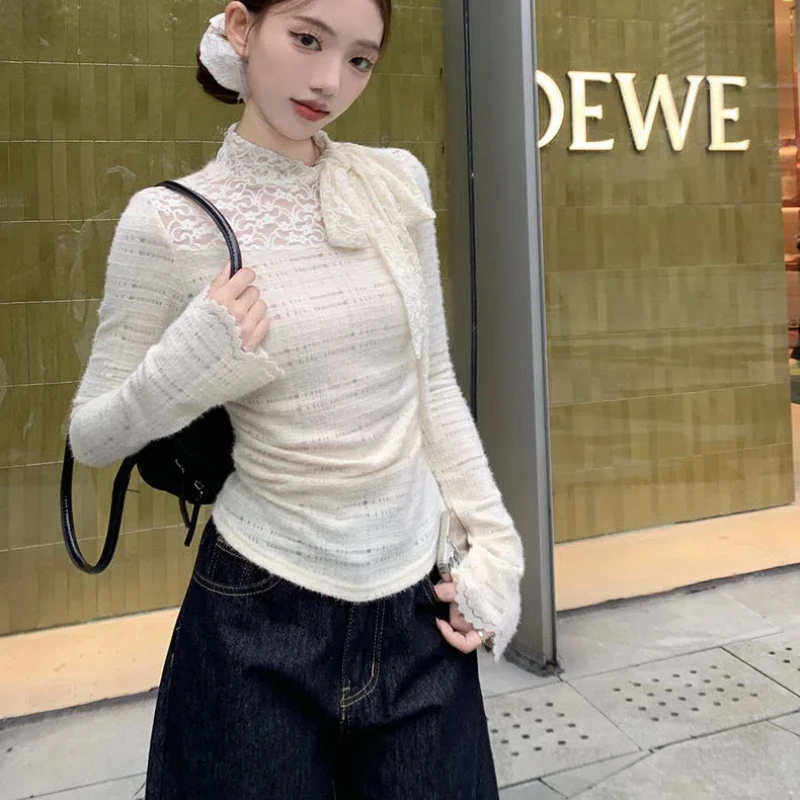 Temperament Lace Slim T Shirts Spring Autumn New Long Sleeve Bow Bandage Youth Elegant Short Tops Sexy Fashion Women Clothing