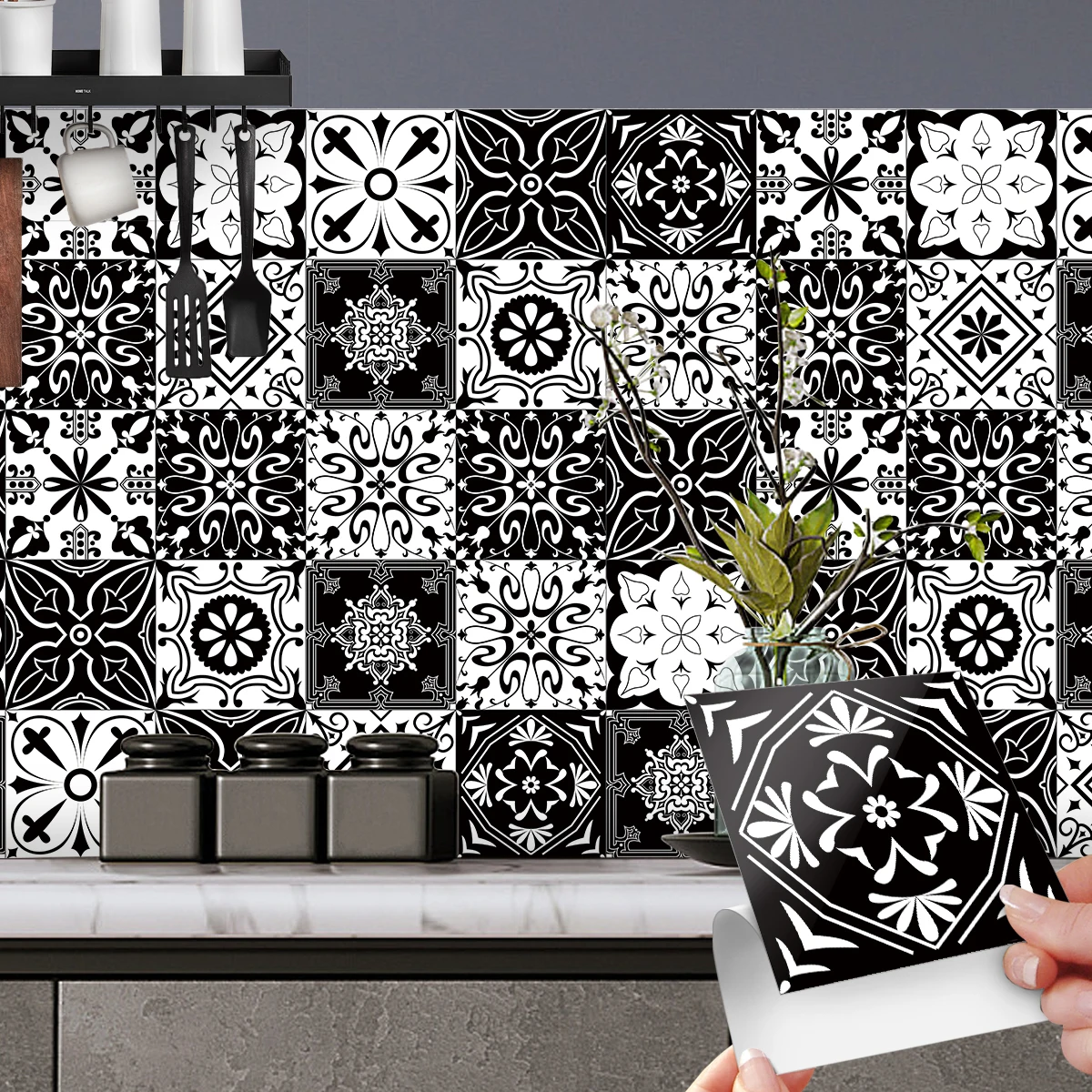 

30pcs Self-Adhesive Waterproof Wall Stickers Black And White Patterns Home Decoration Wallpaper Tile Stickers Kitchen Bathroom