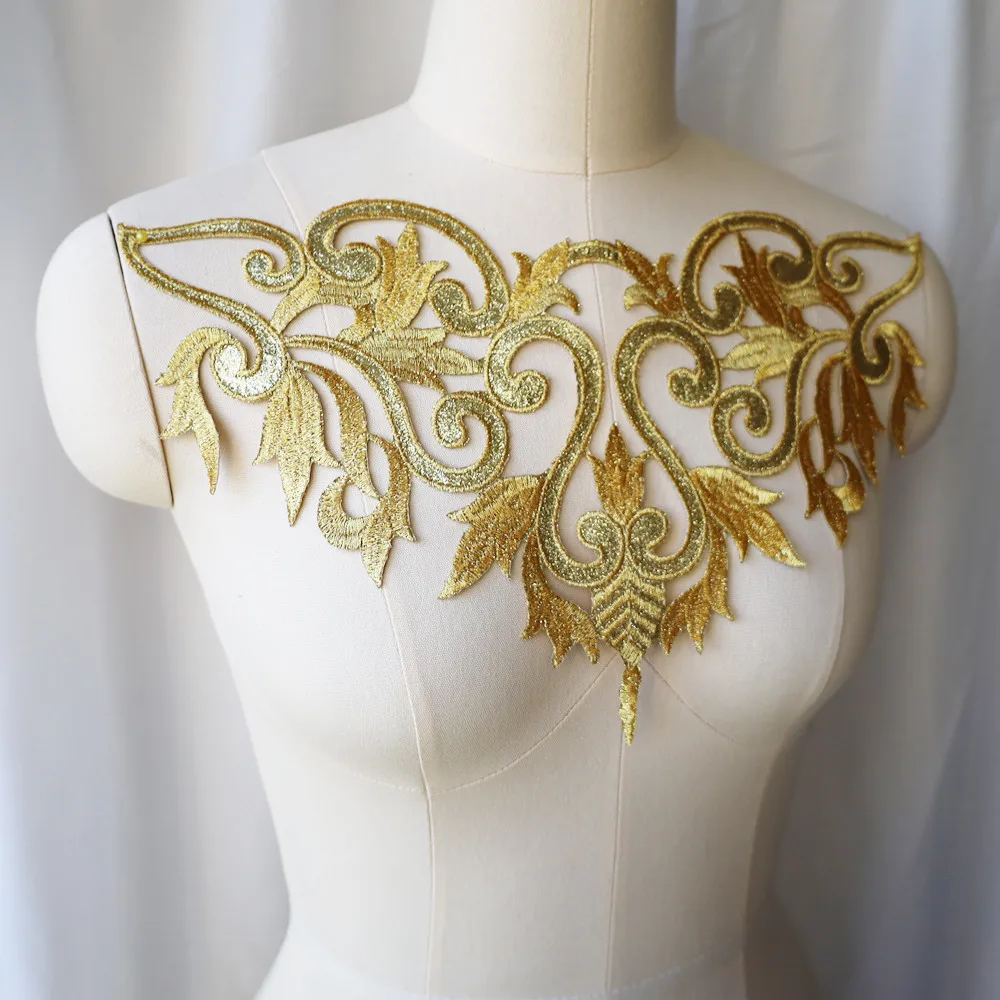 Gold Embroidery Sequin Baroque Flower Applique Fabric Collar Sew Iron Patch Wedding Bridal Gown Dress DIY Clothes Decor Crafts