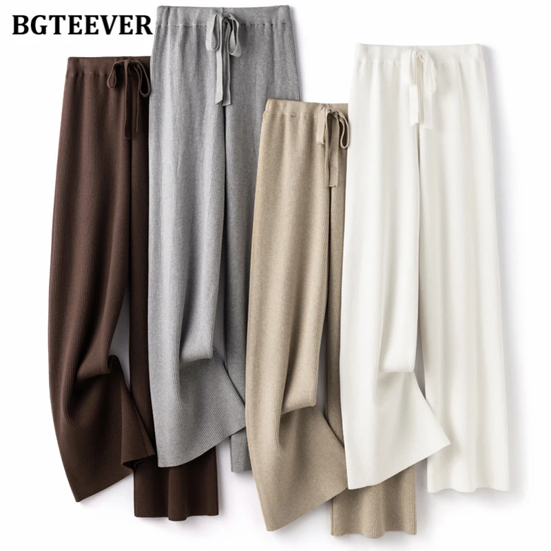BGTEEVER Drawstring Wide Leg Women Knitted Trousers Autumn Winter Elastic Waist Loose Female Sweaters Pants