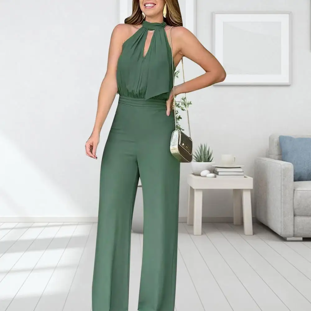 

Women Jumpsuit Backless Sleeveless Halter Neck Hollow Out High Slim Waist Pleated Wide Leg Commute Prom Party Working Jumpsuit