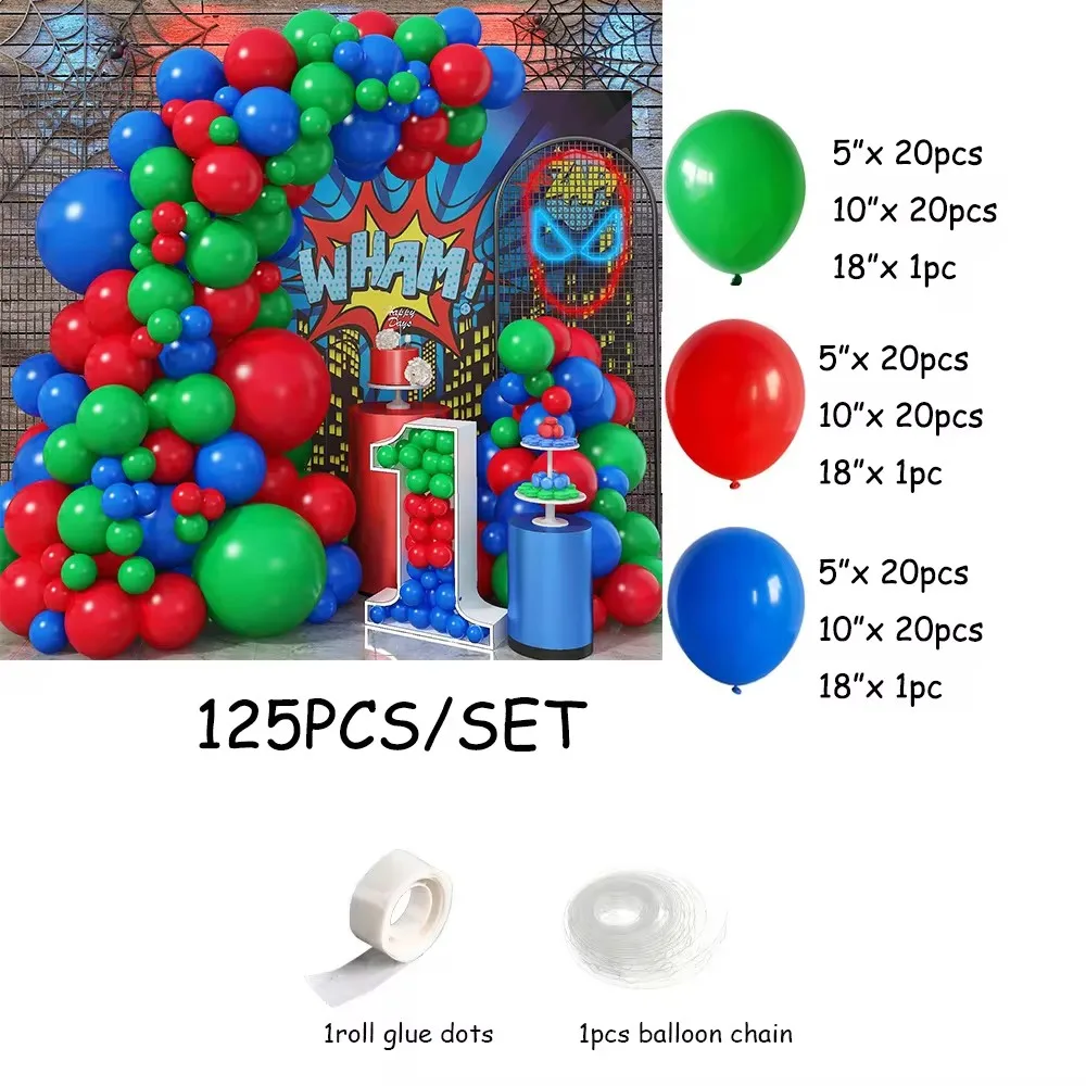 125Pcs Blue Red Green Latex Balloons Garland Arch Kit Birthday Party Baby Shower Graduation Kid's Boys Masks Party Decorations