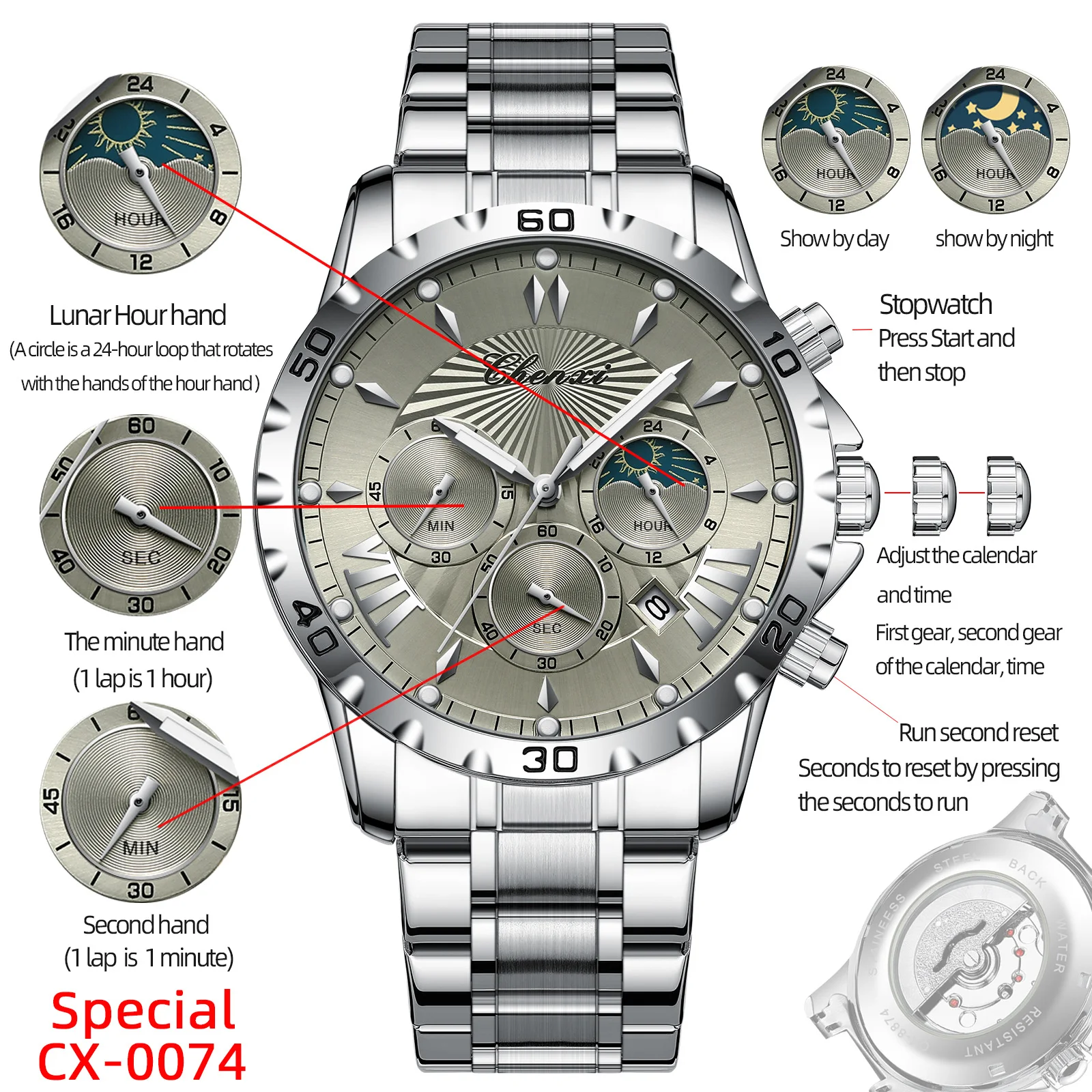 43 mm Large Analog Quartz Men's Watch Chronograph Moon Phase Calendar Watches Fashion Waterproof Business Watch Male CHENXI