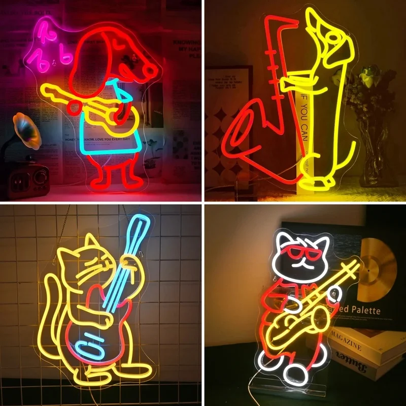 

Guitar Dachshund Neon Led Sign Playing Guitar Dog Signs Room Decoration For Party Bar Music Club Bedroom Dimmable USB Wall Lamp
