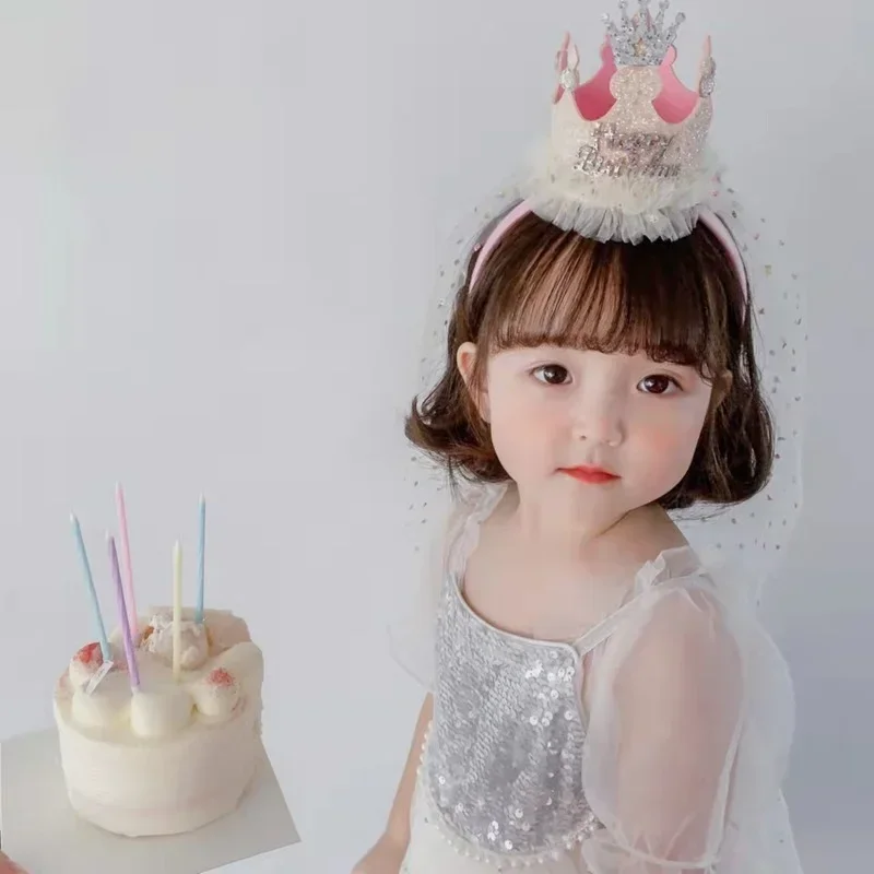 Diadema de gasa de cono de corona, tocado de fiesta de cumpleaños de estilo princesa, lentejuelas, accesorios para el cabello de feliz cumpleaños,