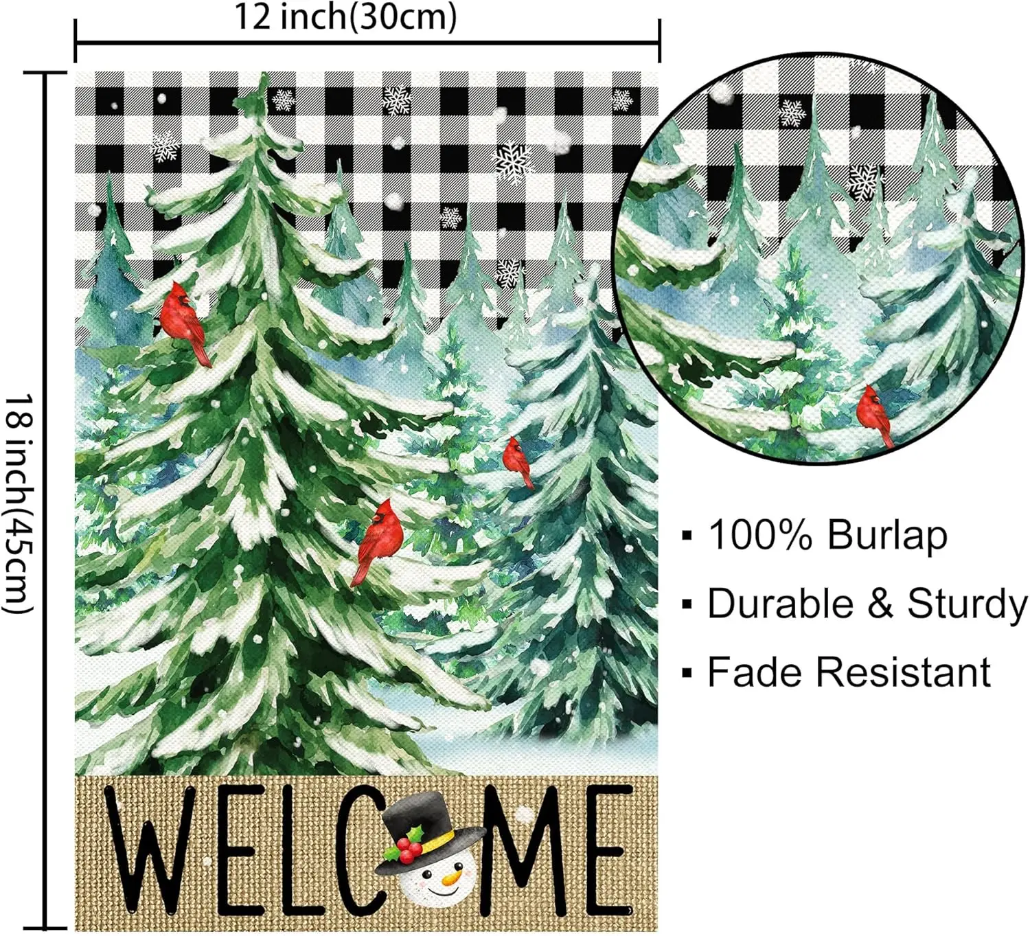 Winter Garden Flag, Welcome Winter Flags 12x18 Double Sided, Christmas Tree with Black White Buffalo Plaid Cardinal Burlap Verti