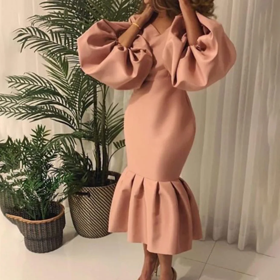 D115 large women's fashion solid color V-neck bubble long sleeve fishtail dress