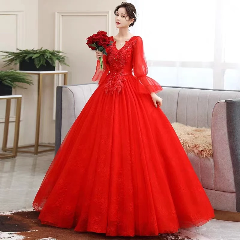 2024 Luxury Red Quinceanera Dresses Long Sleeve Appliques Beaded Sweet Party Gowns Vestido De 15 Anos 16th Party Wear