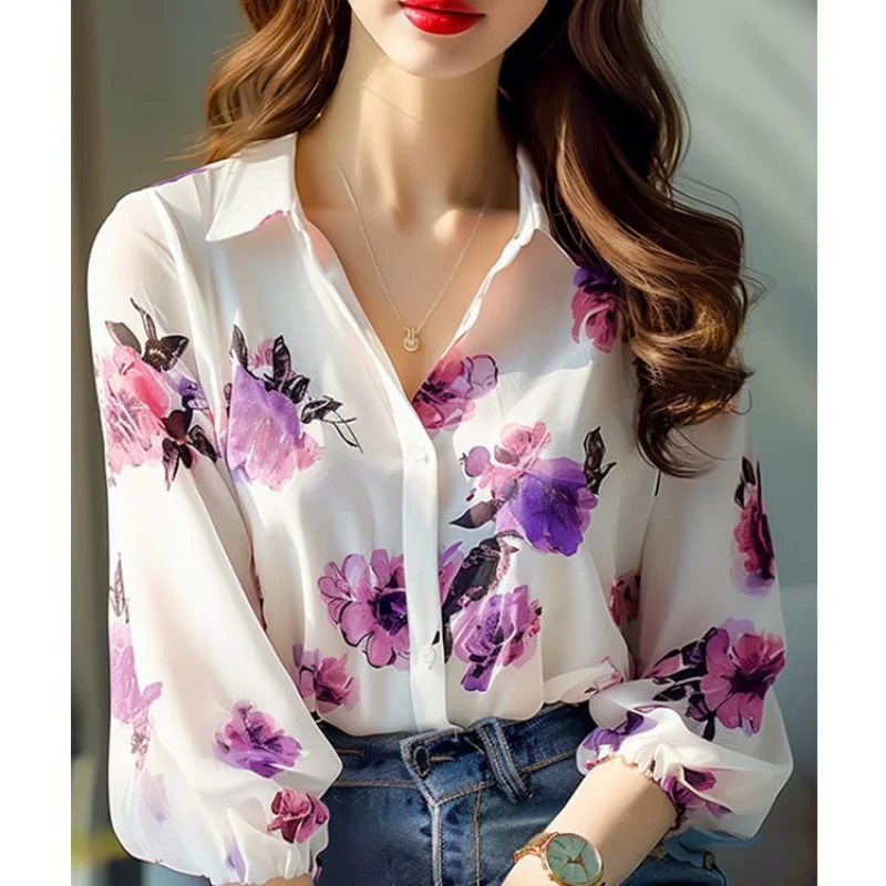 Chiffon Blouses For Women Fashion 2025 Printed Shirt Female Elegant Beautiful Thin Sunscreen Blouse Ladies Flower Shirts