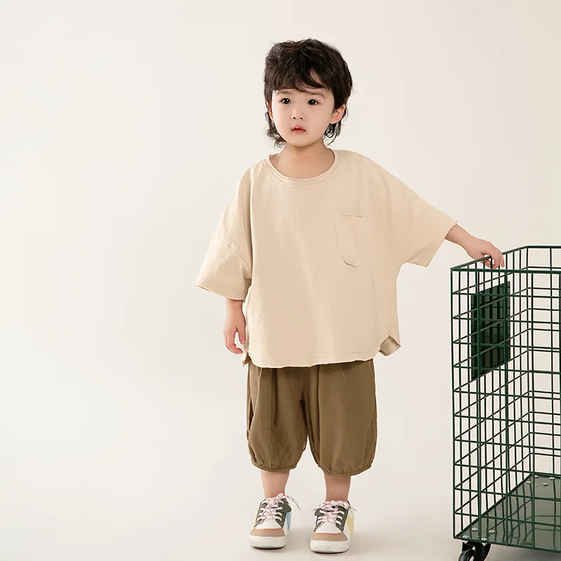 T-shirt Childrens Clothing Boys Short Sleeved Summer New Korean Burr Edge Solid Color Half Sleeve Tops 2024 Round Collar