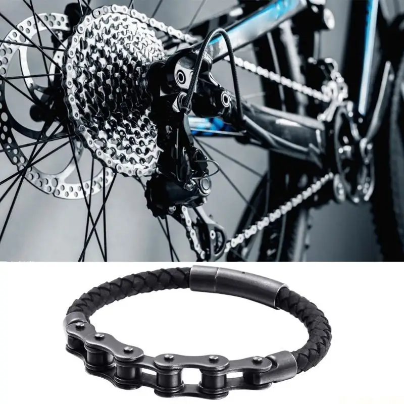 

M5TC Bicycles Mechanical Chain Bracelet Black Handwoven Leather Bracelet Single Layer Cuff-link Bracelet Jewelry Gift for Men