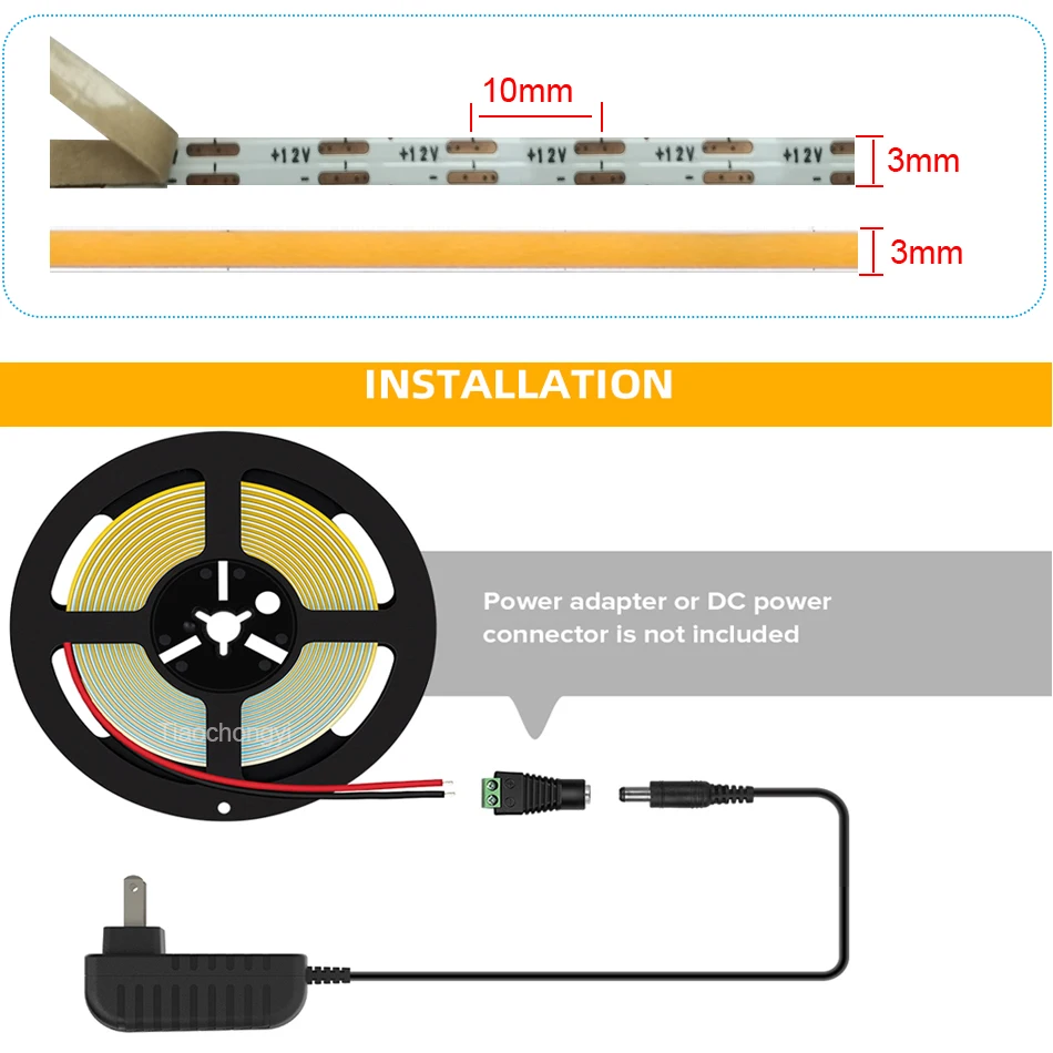 Luzes coloridas COB LED Strip para decoração de casa, ultra fino, FPV, azul, rosa, vermelho, alta densidade, fita, DIY, carro, DC 12V, 384LEDs/m, 3mm
