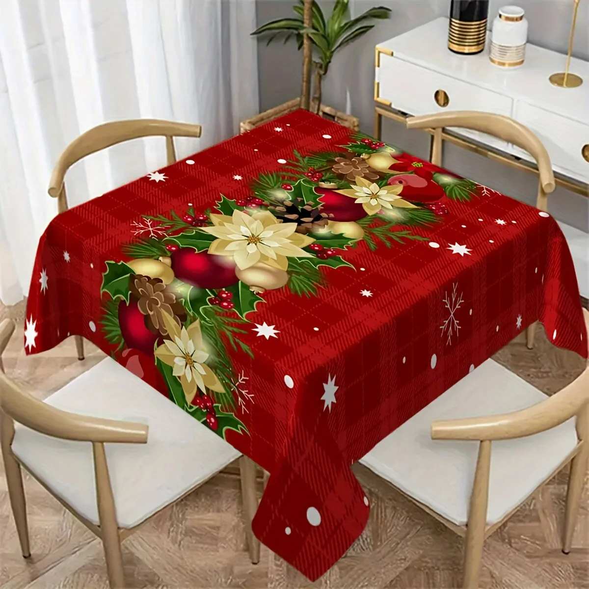 Christmas Poinsettias Snowflakes Tablecloth for Table Decor Winter Xmas Pinecone Kitchen Dining Table Cloth Christmas Decoration