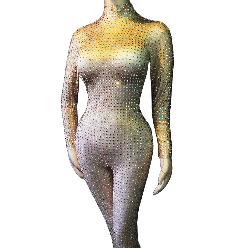 

Sparkly Rhinestone Women Evening Prom Party Birthday Jumpsuits Long Sleeve Nude Stretch Bodysuits Singer Performance Stage Wear