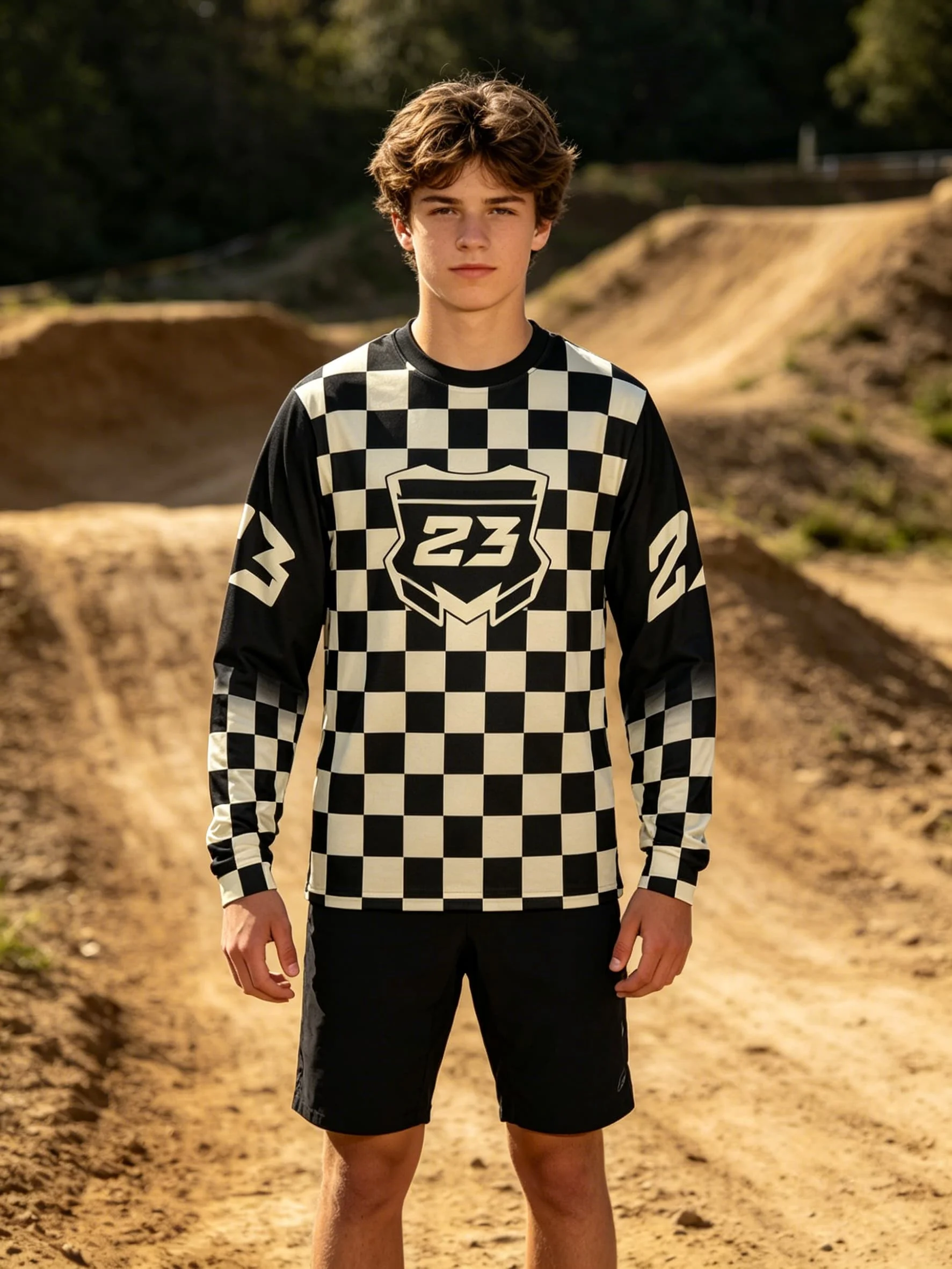 Kinder-T-Shirt, Damen-T-Shirt, Jungen-Oberteil, Erwachsene, Kinder, Eltern-Kind-Set, schnelltrocknend, Herren-Langarm-T-Shirt, Dirt Bike, kariert, Motocross, 3D – Detail 4