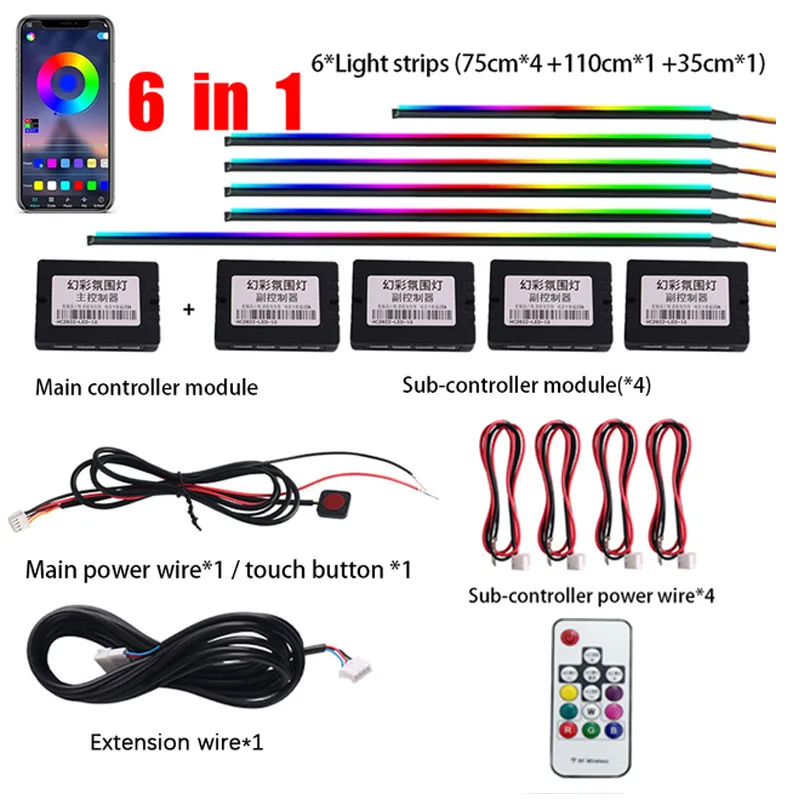 18 / 22 In 1 Streamer Auto Sfeerverlichting RGB 213 64 Kleur Symfonie Afstandsbediening Sfeer Lamp Kit LED Interieur Regenboog Acryl Dashboard Decoratie Led Strip