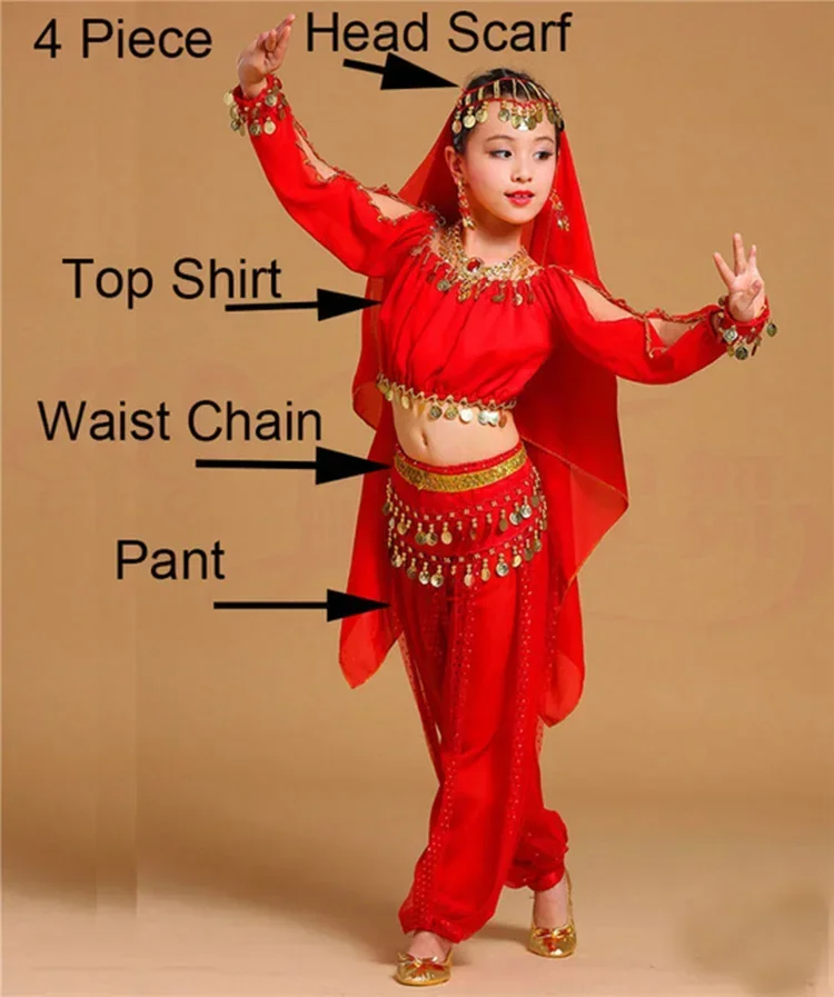 Trajes de dança do ventre infantil para meninas, conjunto de trajes de dança de palco indiano oriental, 4 peças (camisa superior + lenço de cabeça + corrente de cintura + calça)