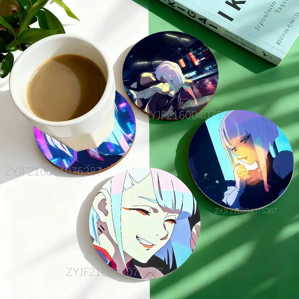 

C-Cyberpunk-es Lucy Pattern Art Coasters Round Wooden Heat Resistant Non-Slip Home Decor Gift Multifunctional