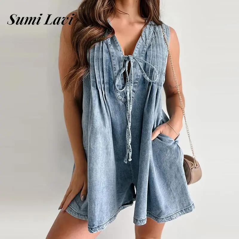 

2024 Fashion Draped Pocket Denim Jumpsuit Elegant V-neck Tie-up Hollow Solid Playsuit Women Casual Sleeveless Loose Short Romper