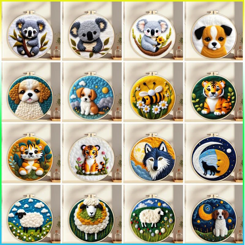 

CHENISTORY Animal Painting Diy Wool Embroidery Kit Creative Diy Wool Needle Felt Picture Dogs, Tigers, Koalas, Sheep Kit Craft