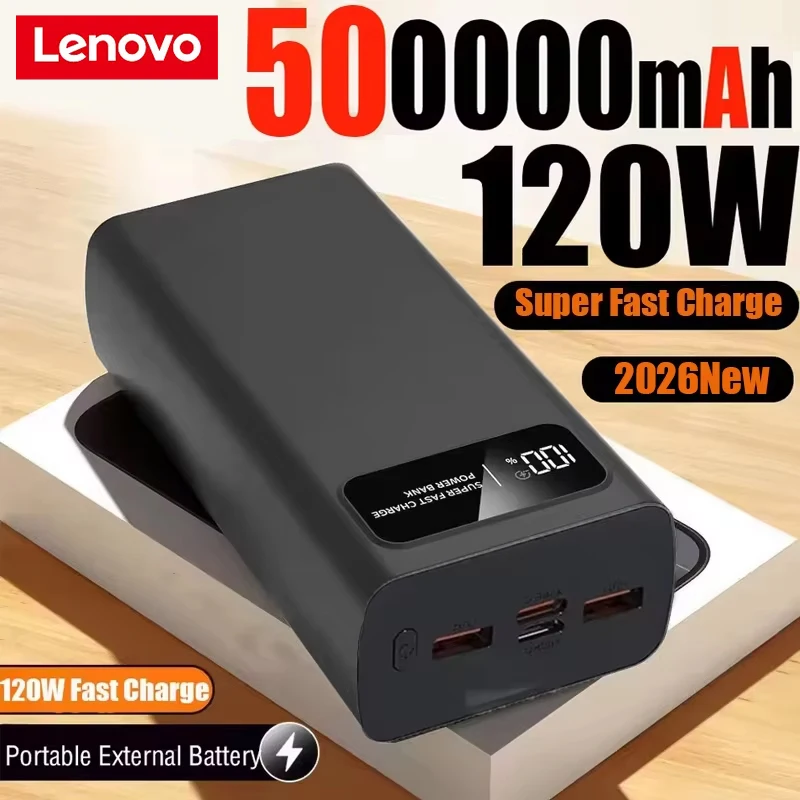 Lenovo 120W 500000mAh Ultralarge Capacity Power Bank Fast Charging Portable Digital Display Power Bank For iPhone Samsung Xiaomi