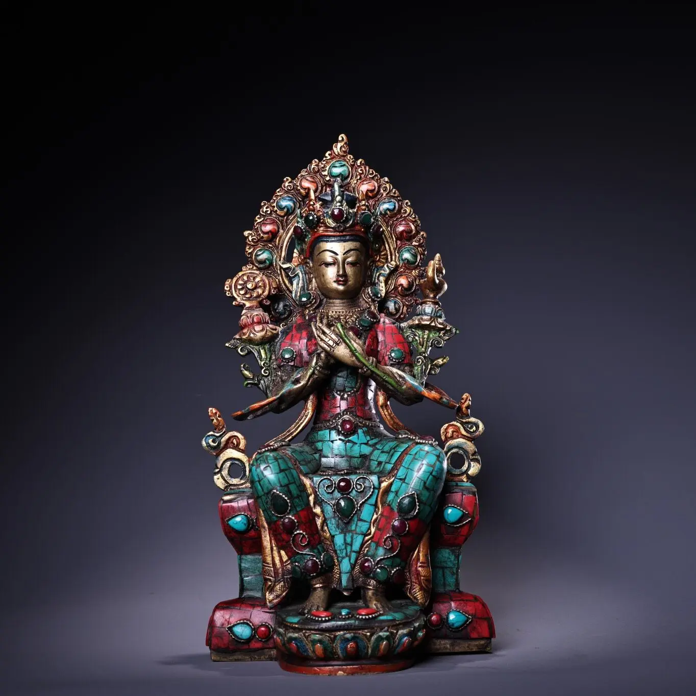 Nepal Pure Copper Maitreya Buddha Statue Gem Inlaid Painted Home Altar Decor Collectible
