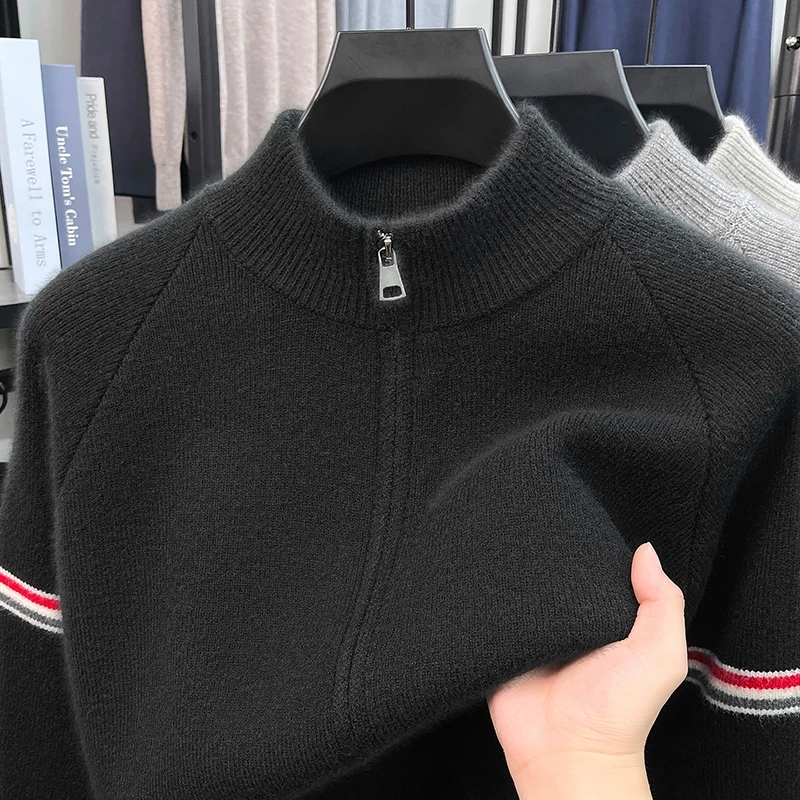 Heiß begehrtes Herren-Strickhemd für Herbst und Winter mit Reißverschluss, modischem Streifenmuster, Business-Casual, verdickt, neues Herren-Strickhemd – Detail 7
