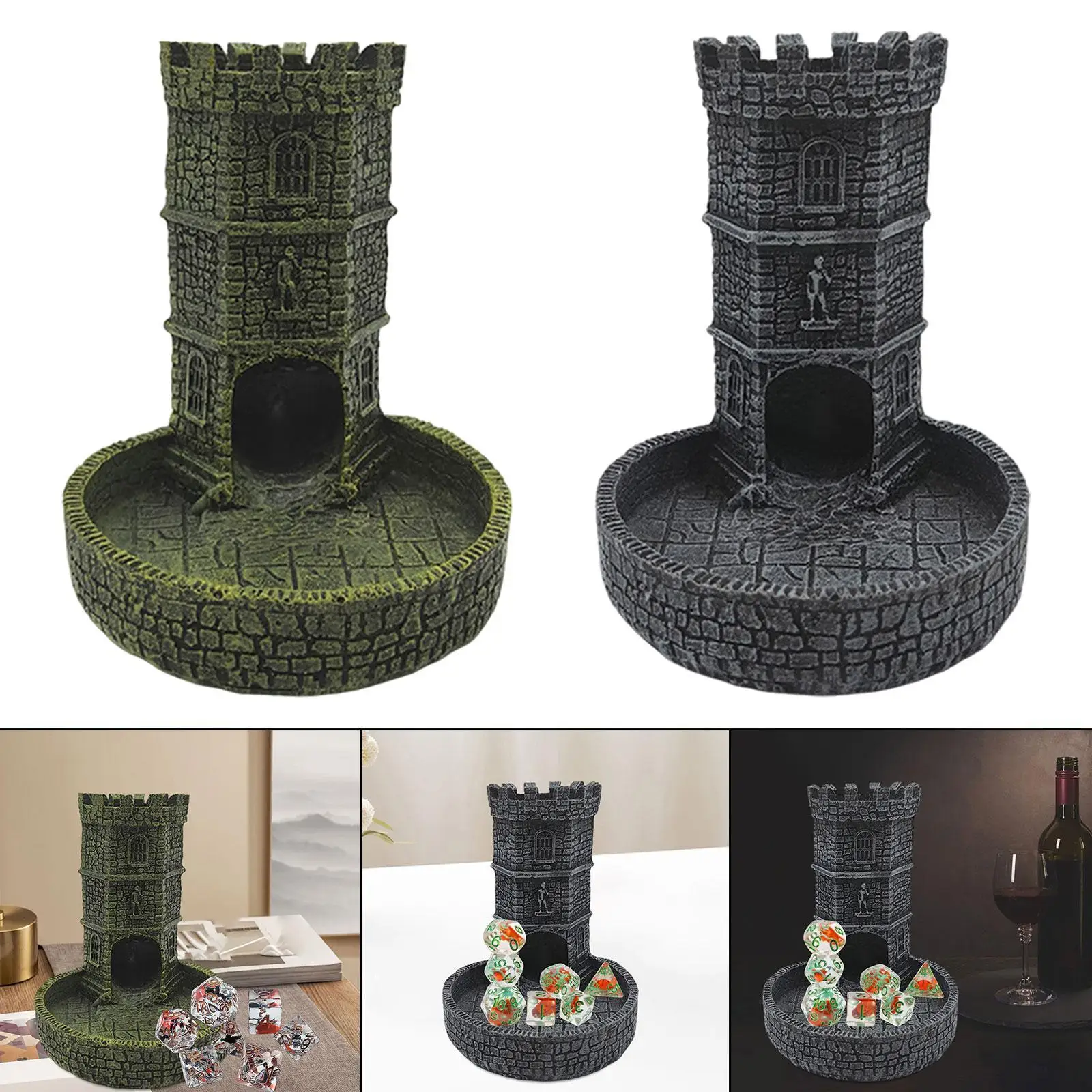 Torre de dados de castelo com bandeja, escultura em parede, bandeja de rolamento, decoração de mesa, resina, aleatória, jogo de roleplaying para presente