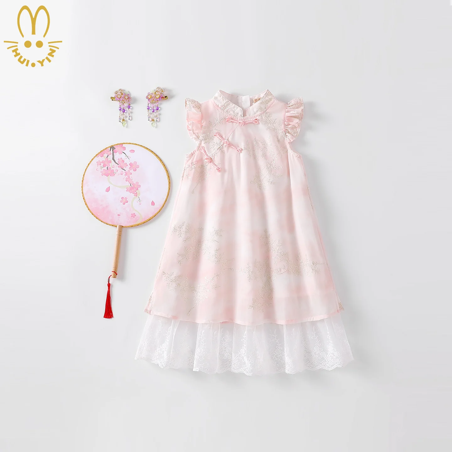 Girls' Improved Cheongsam Tang Suit in Pink Traditional Chinese Costume New Style Ancient Peak Flag Robe Children's Party Wear
