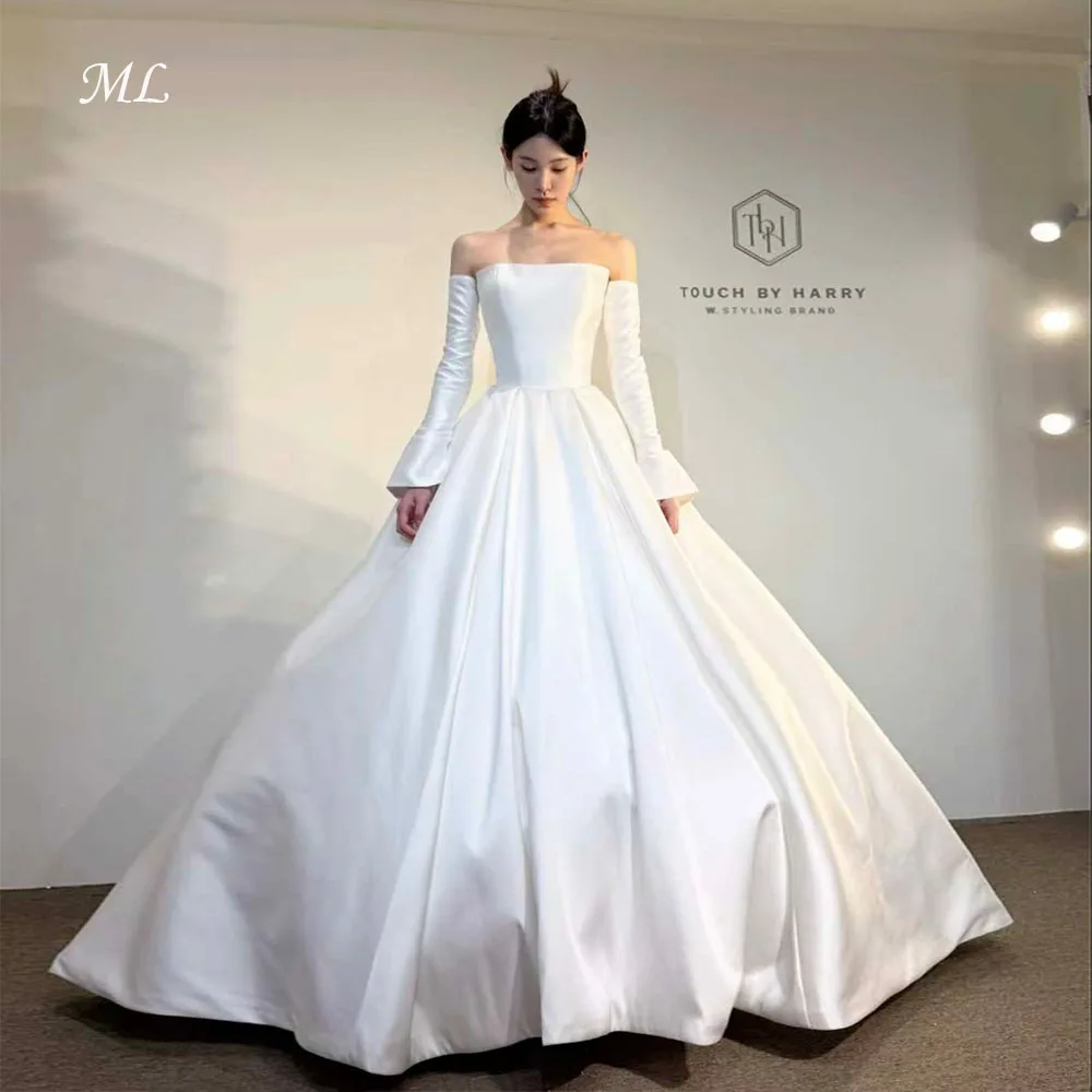 

ML Simple Wedding Dress Off Shoulder Full Sleeves Floor Length Satin A-Line Korea Photo shoot Bridal Reception Gown Custom Made