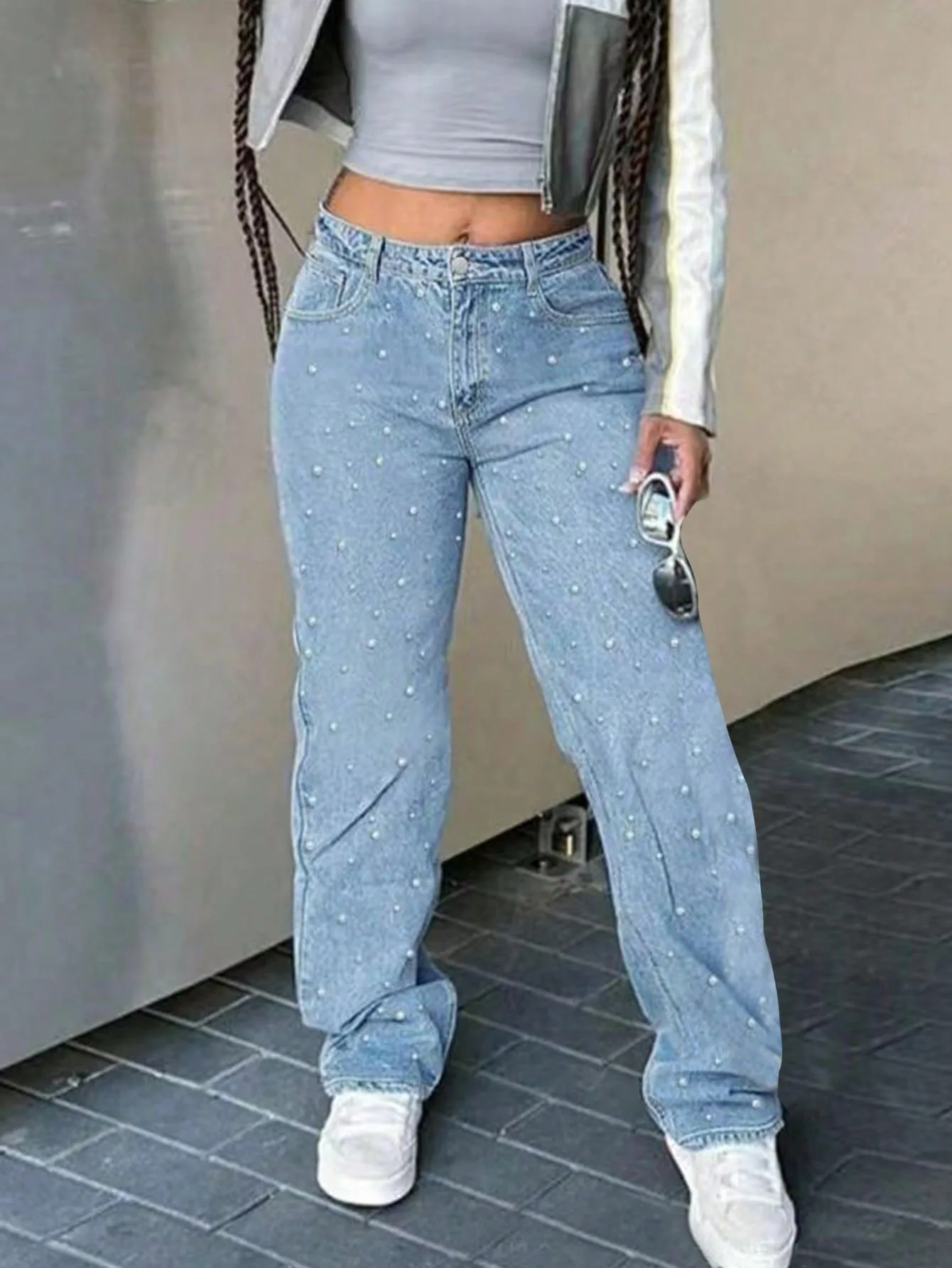 Shiny Diamond Women's High Waist Wide Leg Loose Straight Cut Long Jeans Draping Effect Cotton Blend Casual Style Straight Tube