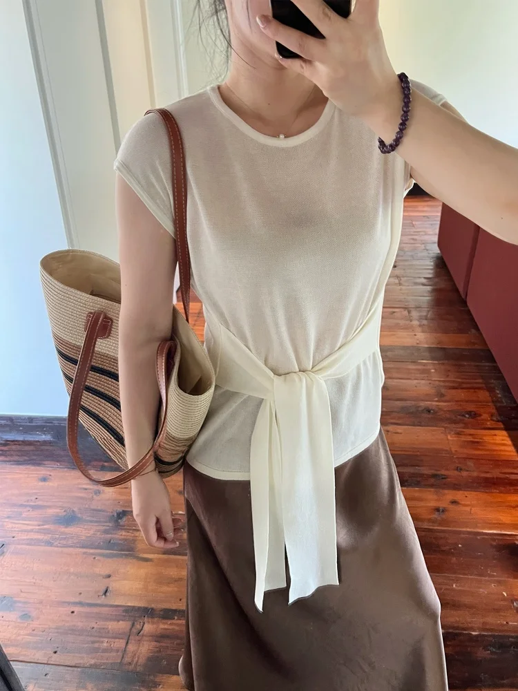 

Летний женский топ Jusiley Larsey из льняной трикотажной ткани с поясом, круглым вырезом и эффектом утягивания талии