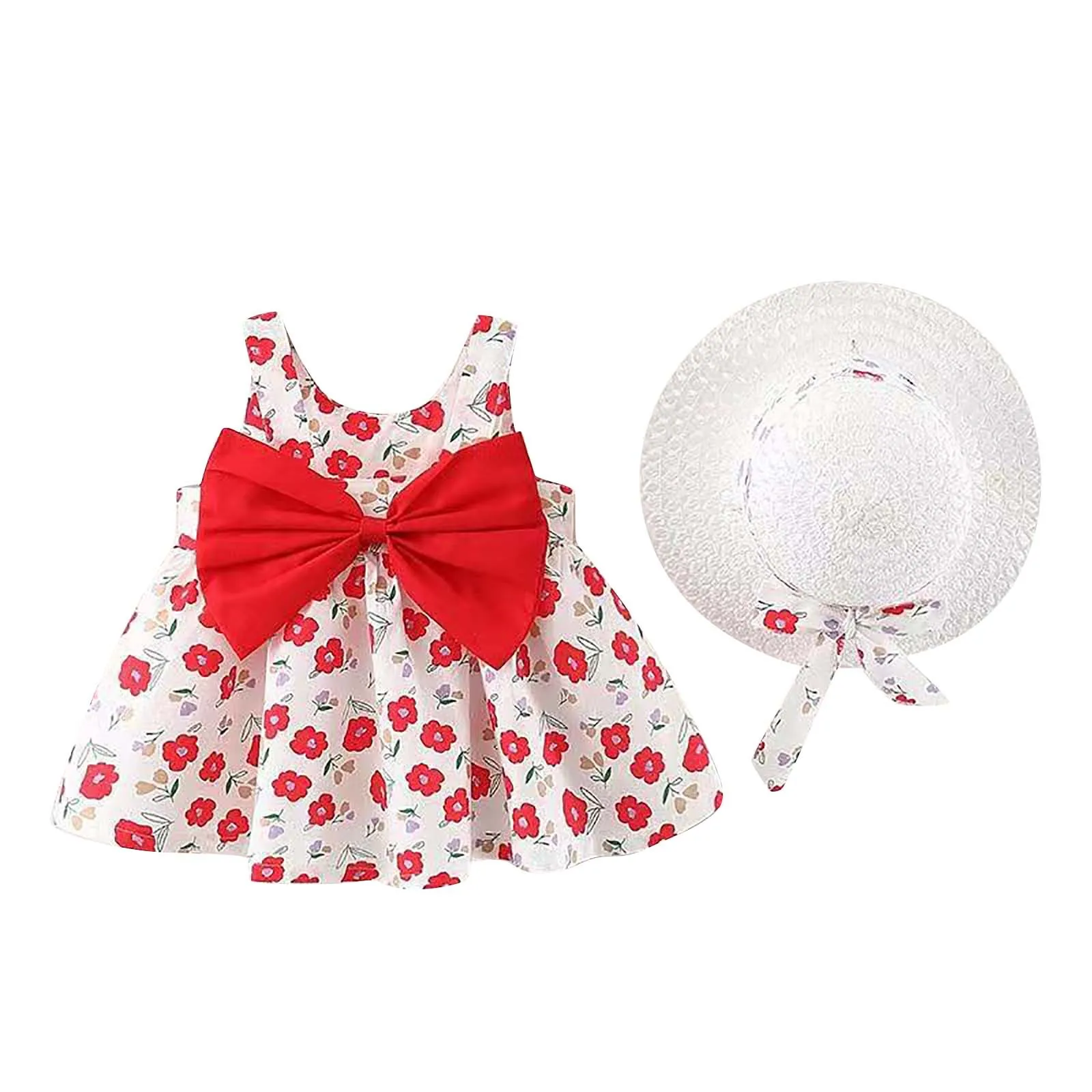 

New girl floral dress sweet summer bow toddler beach dress for children aged 0 to 3 newborn clothing+hat set of 2 pieces