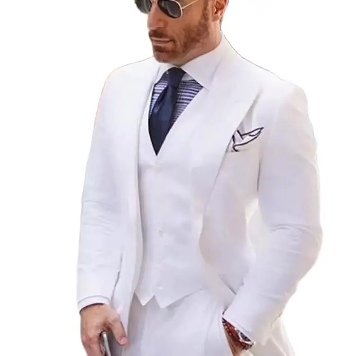 Costume de mariage blanc élégant pour homme, veste, gilet et pantalon, coupe cintrée à un bouton, costume Business, pour bal de promo