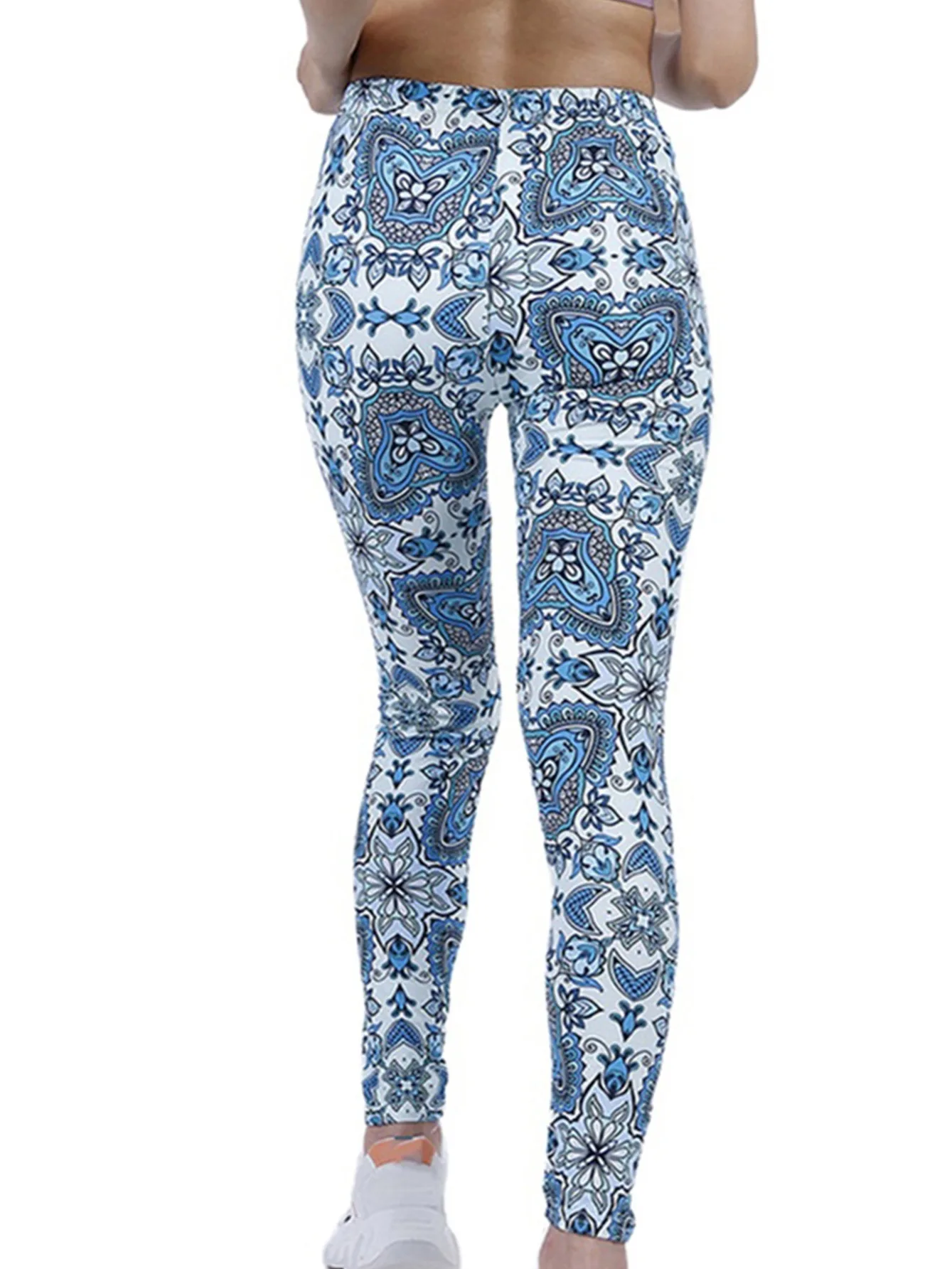 Blue White Geometric Casual Tight Fitting Women's Leggings For Healthy Height Stretch Running Sports And Exercise Cropped Pants