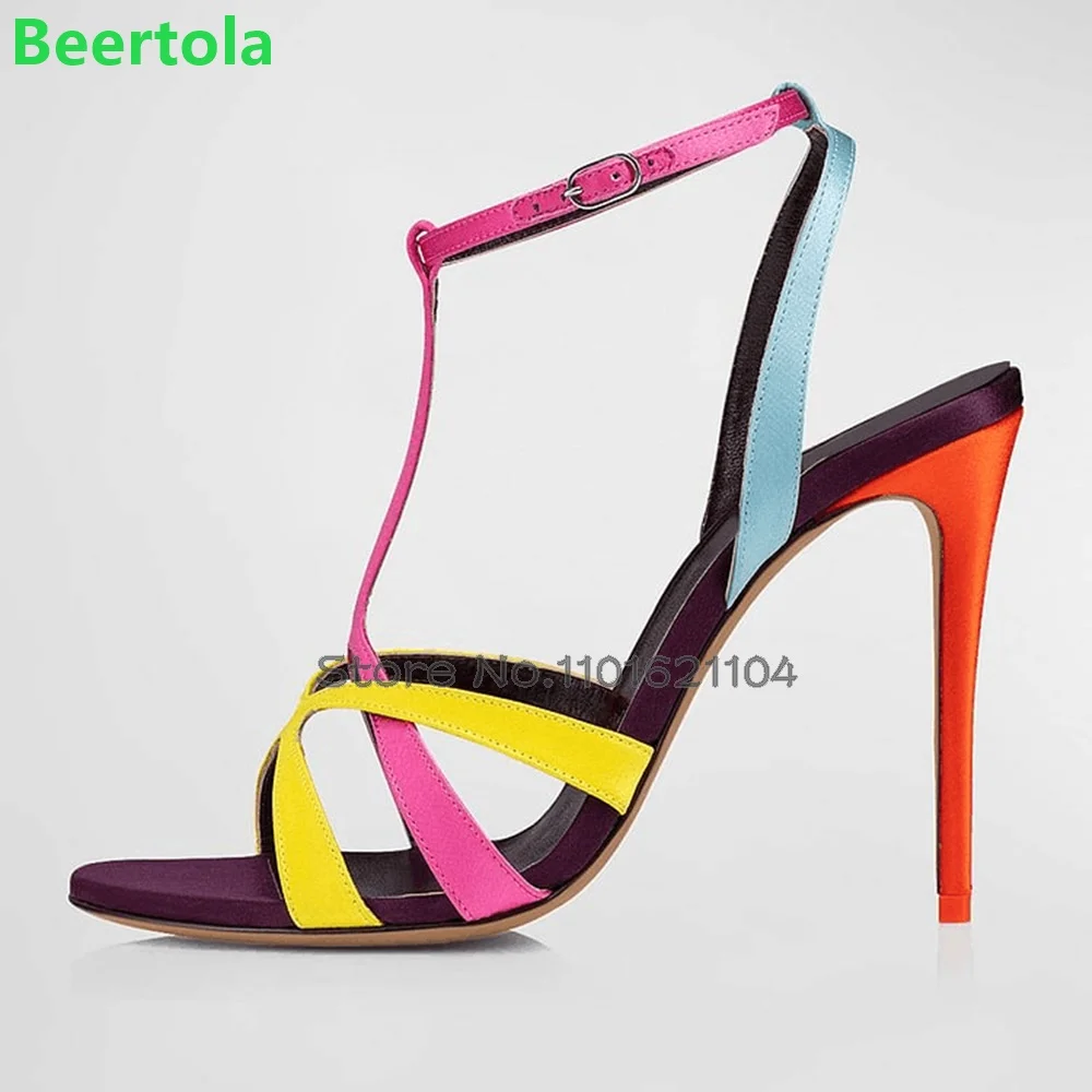 Round Toe Mixed-colors Sandals For Female Women 2024 New Thin High Heel Hollow Ankle Buckle Strap Summer Elegant Party Shoes