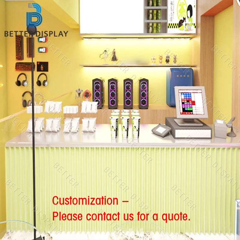custom.Wooden Panel Retail Cashier Counter Curved Front Checkout Station With Storage Shelves Display Stand
