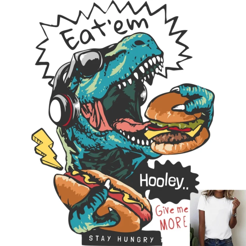 Trendy Cartoon Dinosaur & Food Heat Transfer White Ink Iron - on, Suitable for T - shirts & Canvas Bags, Casual & Personalized