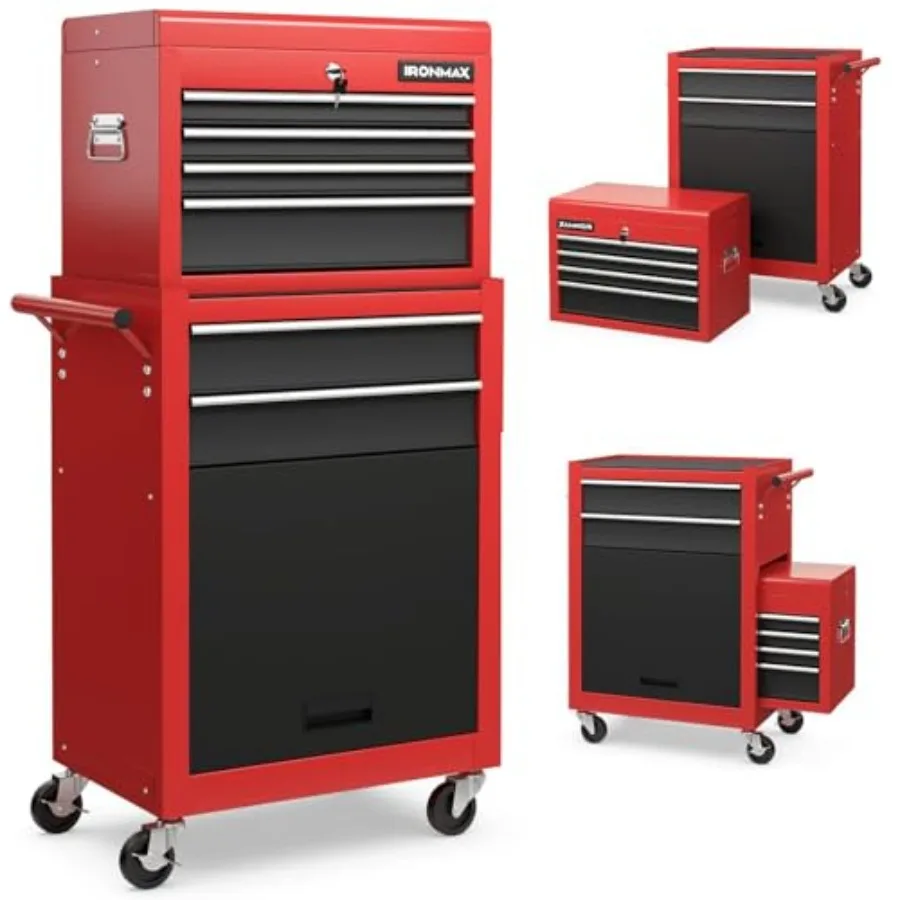 

6 Drawers Tool Chest 2-in-1 Rolling Tool Box with Universal Lockable Wheels Protective Liner Detachable Auto Lock Metal Tool St