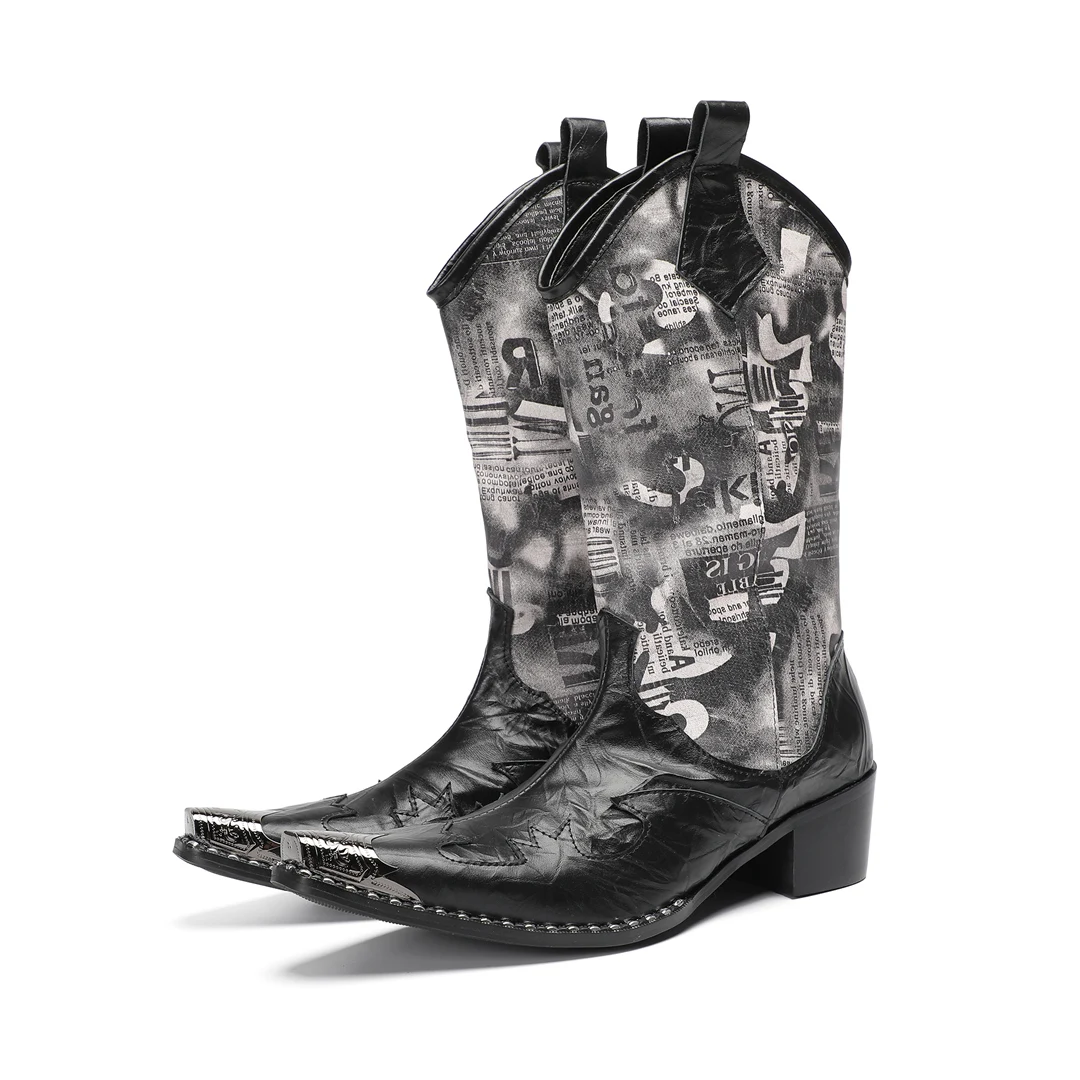 

Botas Дизайнерский узор Металлический острый носок Ковбойские длинные сапоги Мужские длинные сапоги из натуральной кожи для вечеринок в стиле вестерн Мужская официальная обувь Обувь