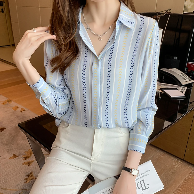 New elegant printing ladies shirts women blouses 2023 Spring Summer Long sleeve turn-down collar tops female Mujer blusas