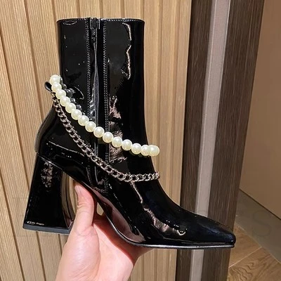 Pearl Chain Lacquer Leather Square Toe Ankle Boots Side Zipper Thick Heel Spring and Autumn Single Boots Woman Versatile Boots