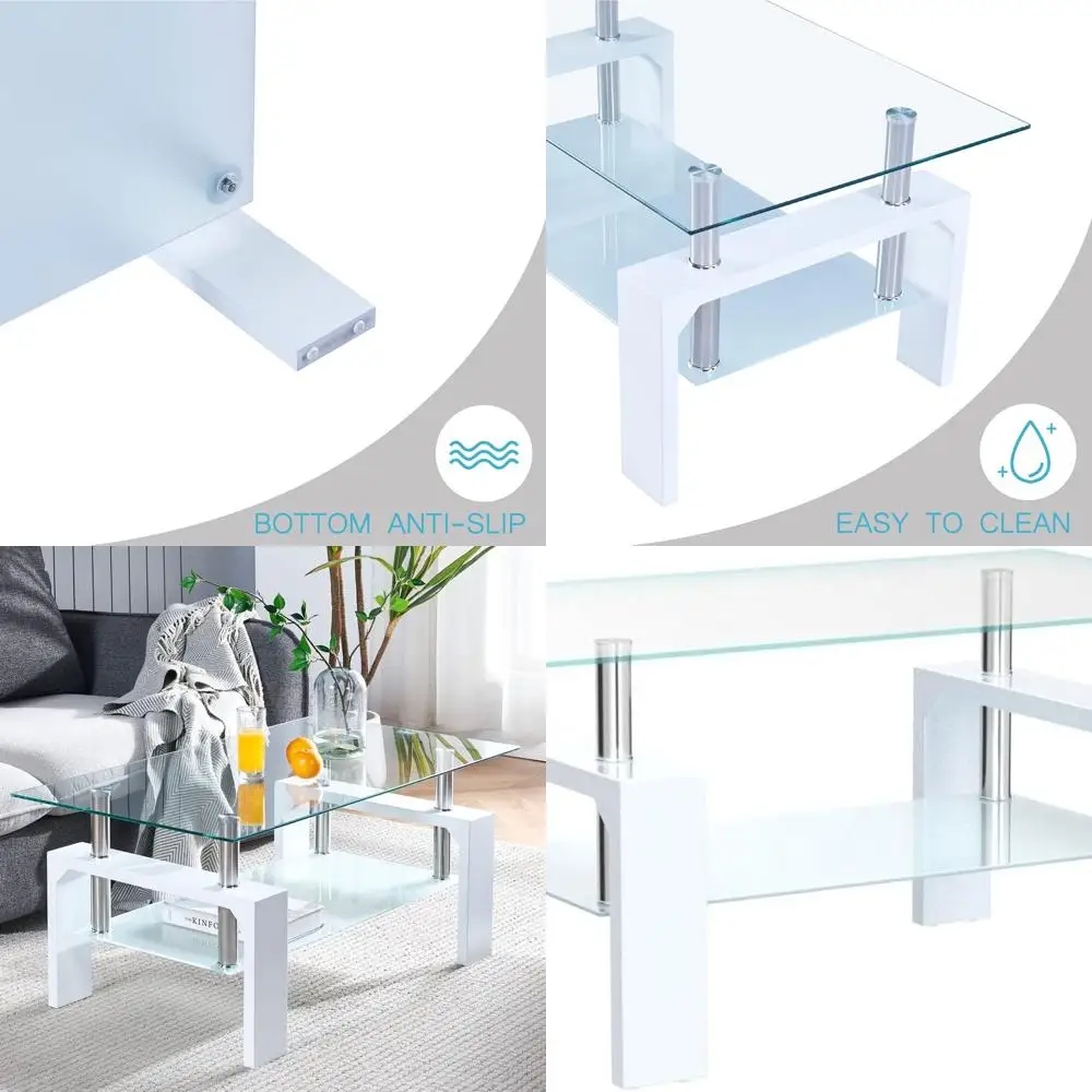 

Modern Rectangular Coffee Table with Wooden Legs, Suitable for Living Room and Waiting Areas, Glass Top with Lower Shelf, White,
