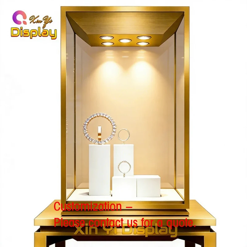 custom.Stainless Steel Glass LED Lit Gold Jewelry Showcase Durable Easy Clean Glass Back Painted Recyclable